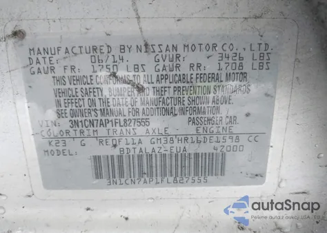 2015 Nissan Versa 1.6 S+ from USA, damaged, VIN 3N1CN7AP1FL827555